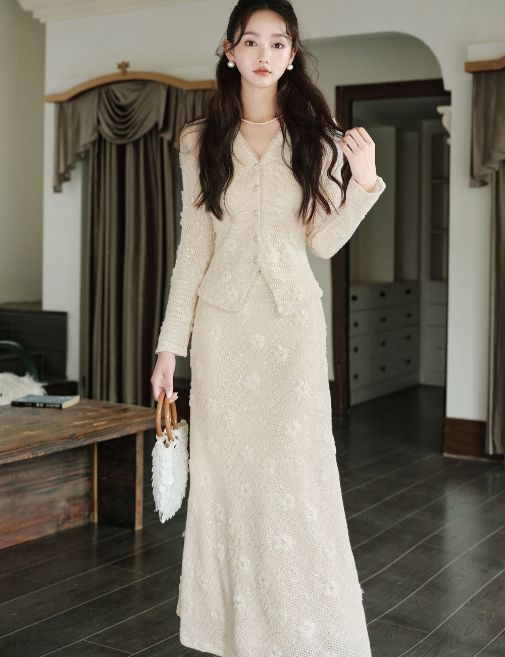 White knitted skirt chanelstyle coat 2pcs set for women