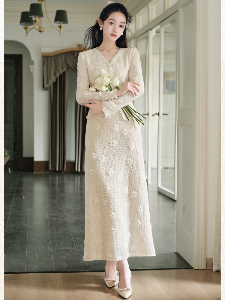 White knitted skirt chanelstyle coat 2pcs set for women