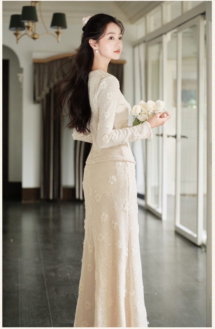 White knitted skirt chanelstyle coat 2pcs set for women