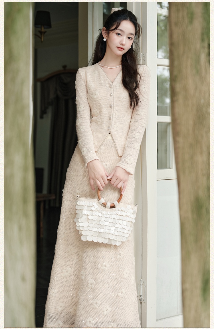 White knitted skirt chanelstyle coat 2pcs set for women