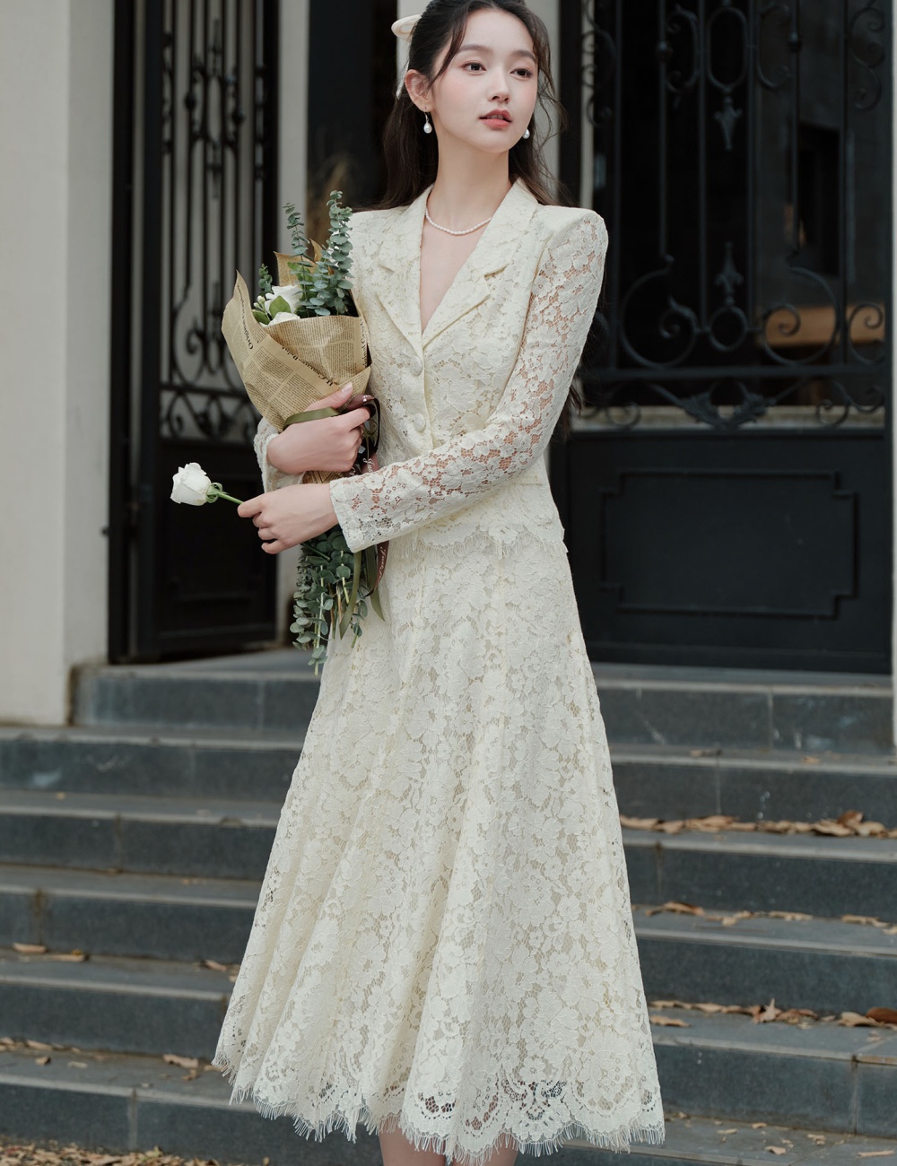 Pinched waist big skirt tops tender long skirt a set