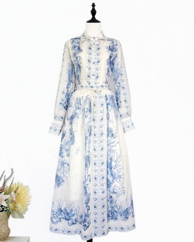 Printing lantern sleeve long skirt retro shirt a set