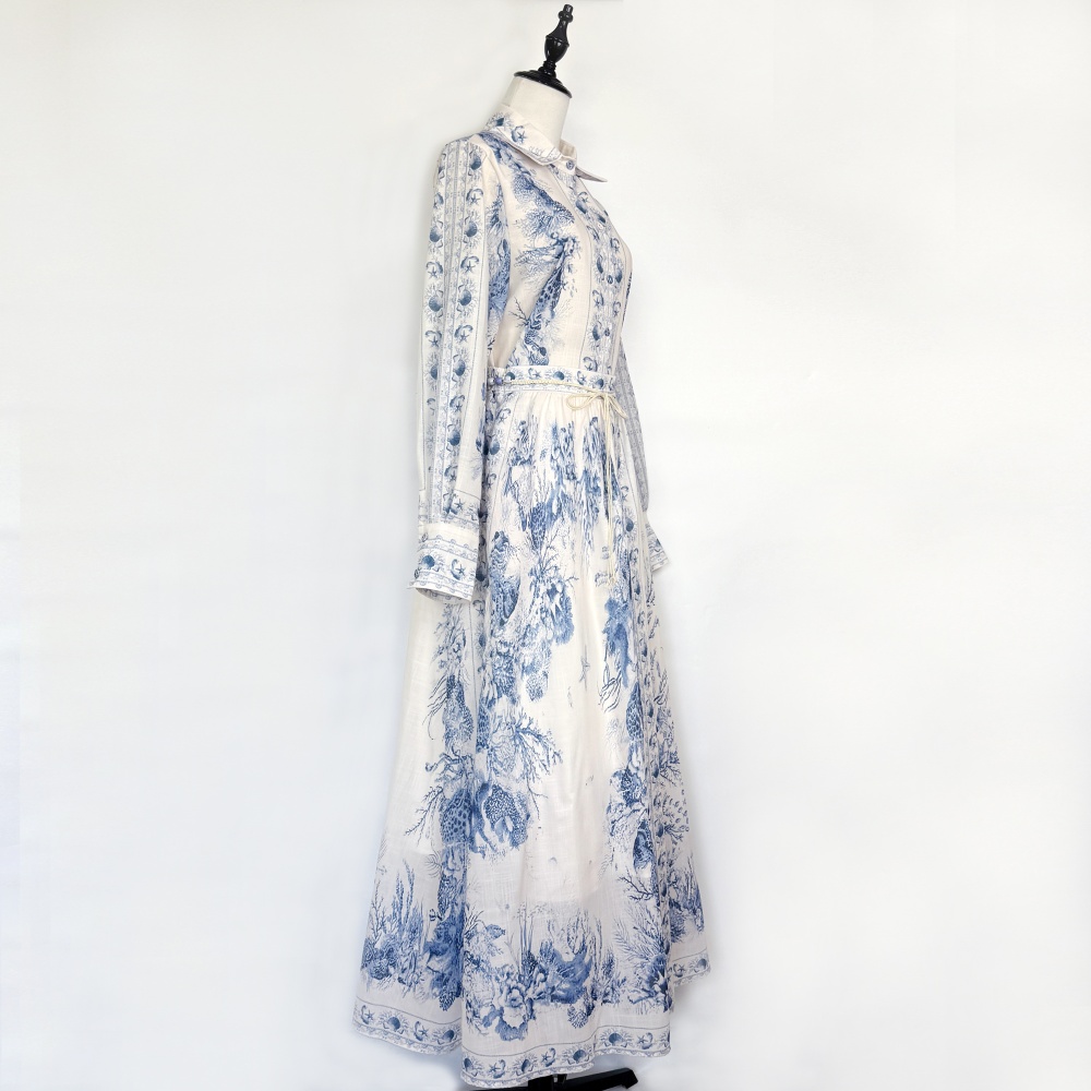 Printing lantern sleeve long skirt retro shirt a set