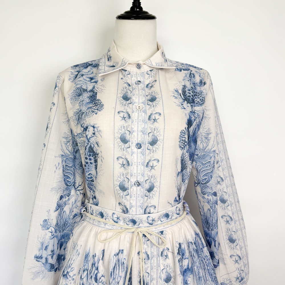 Printing lantern sleeve long skirt retro shirt a set