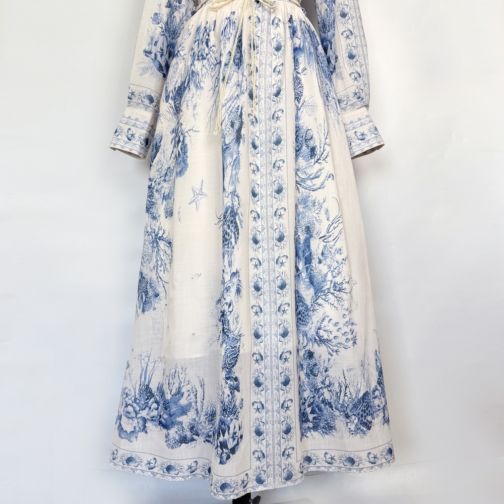 Printing lantern sleeve long skirt retro shirt a set