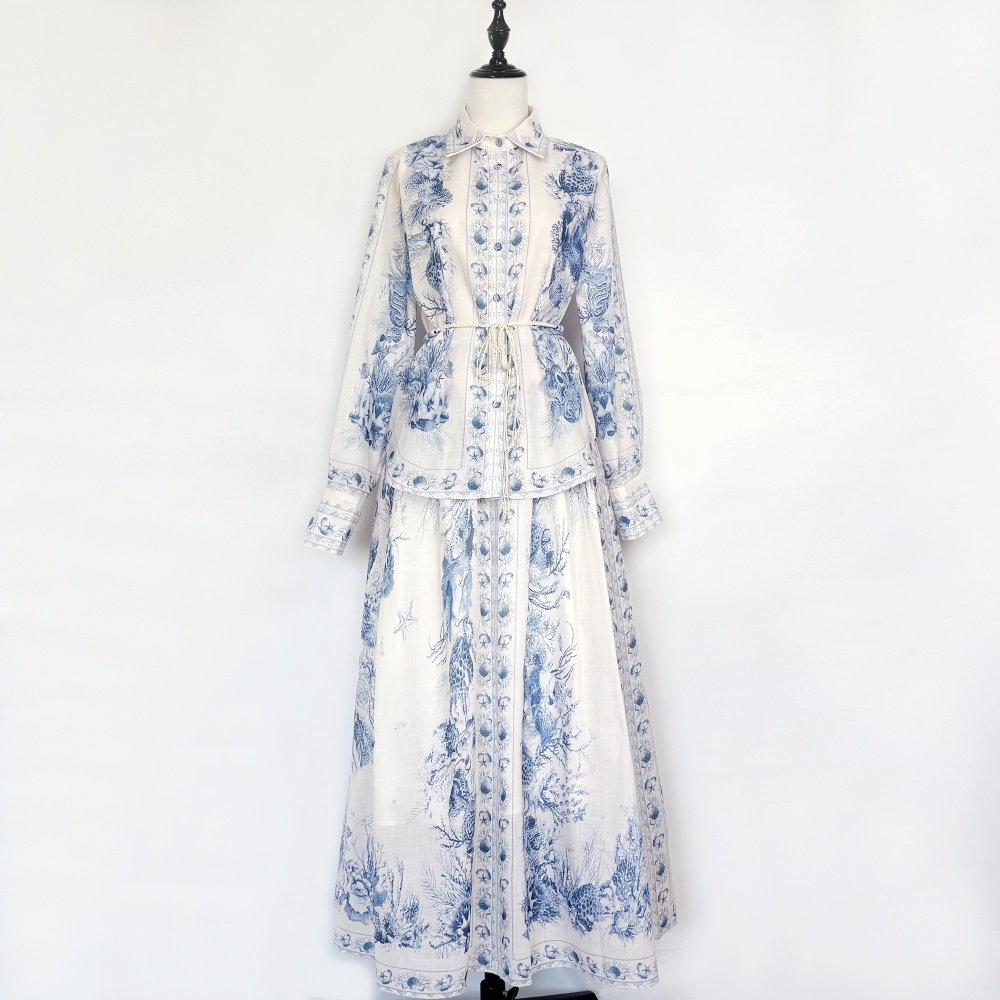 Printing lantern sleeve long skirt retro shirt a set