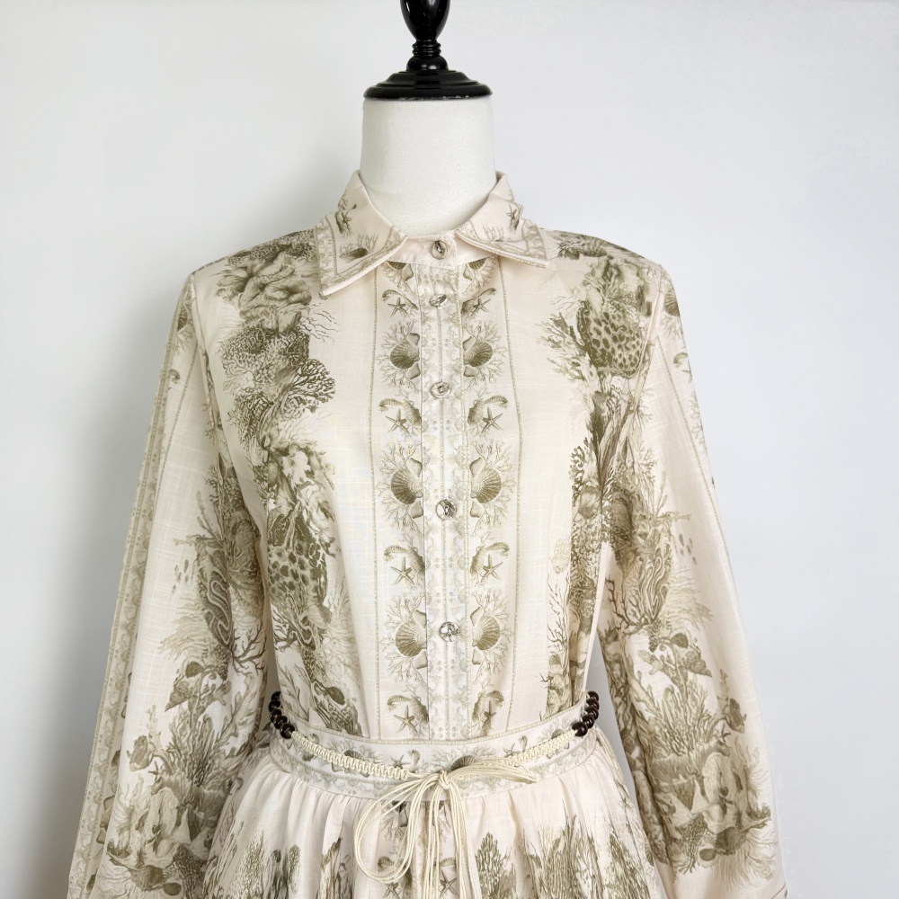 Printing lantern sleeve long skirt retro shirt a set