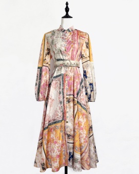 Temperament retro long sleeve long colors buckle dress