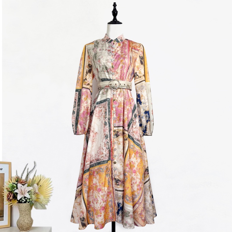 Temperament retro long sleeve long colors buckle dress