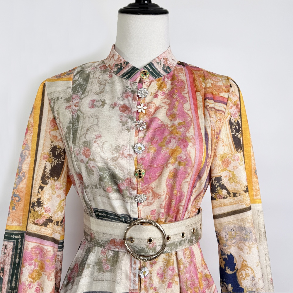 Temperament retro long sleeve long colors buckle dress