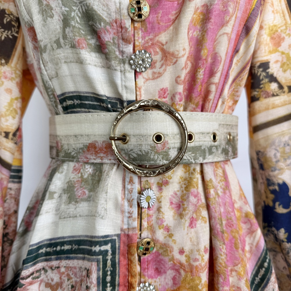 Temperament retro long sleeve long colors buckle dress