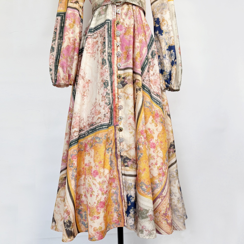 Temperament retro long sleeve long colors buckle dress