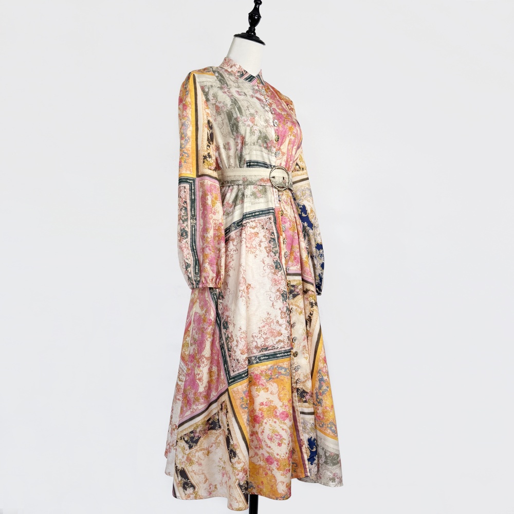 Temperament retro long sleeve long colors buckle dress