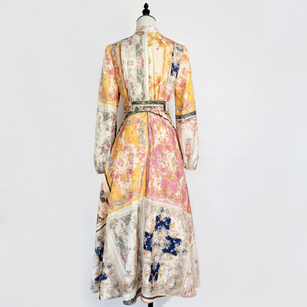 Temperament retro long sleeve long colors buckle dress