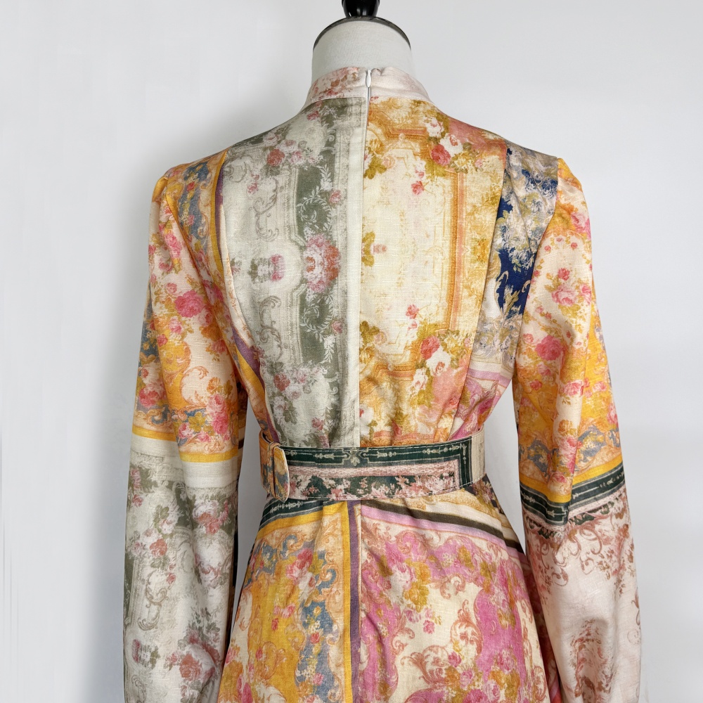 Temperament retro long sleeve long colors buckle dress