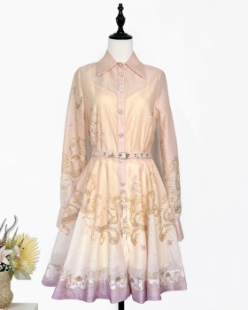 Spring printing retro dress lapel pinched waist shirt