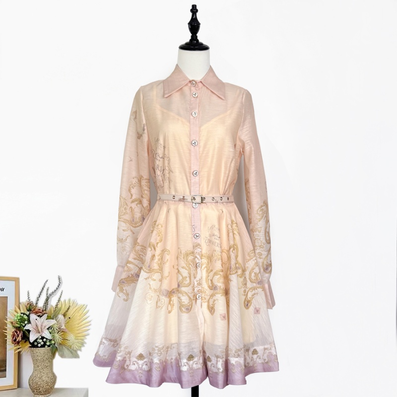 Spring printing retro dress lapel pinched waist shirt