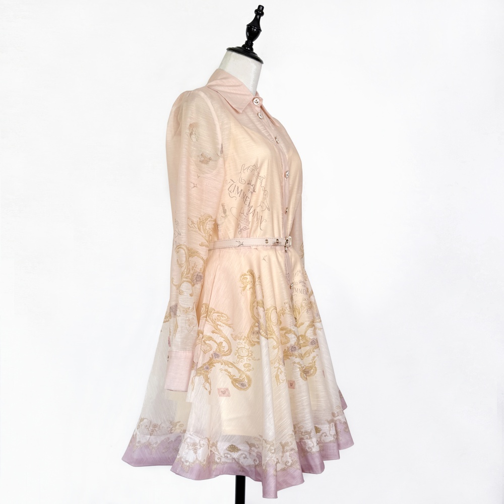 Spring printing retro dress lapel pinched waist shirt