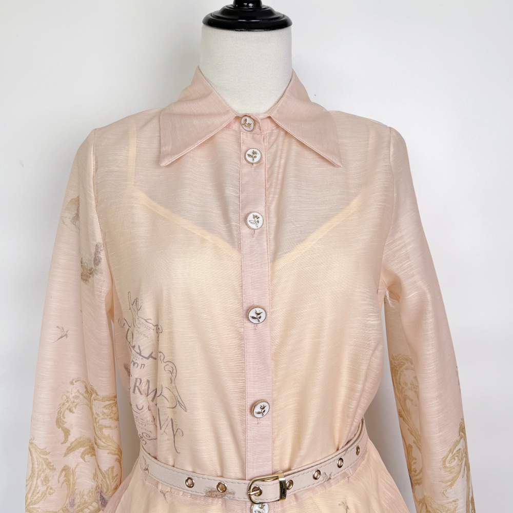 Spring printing retro dress lapel pinched waist shirt