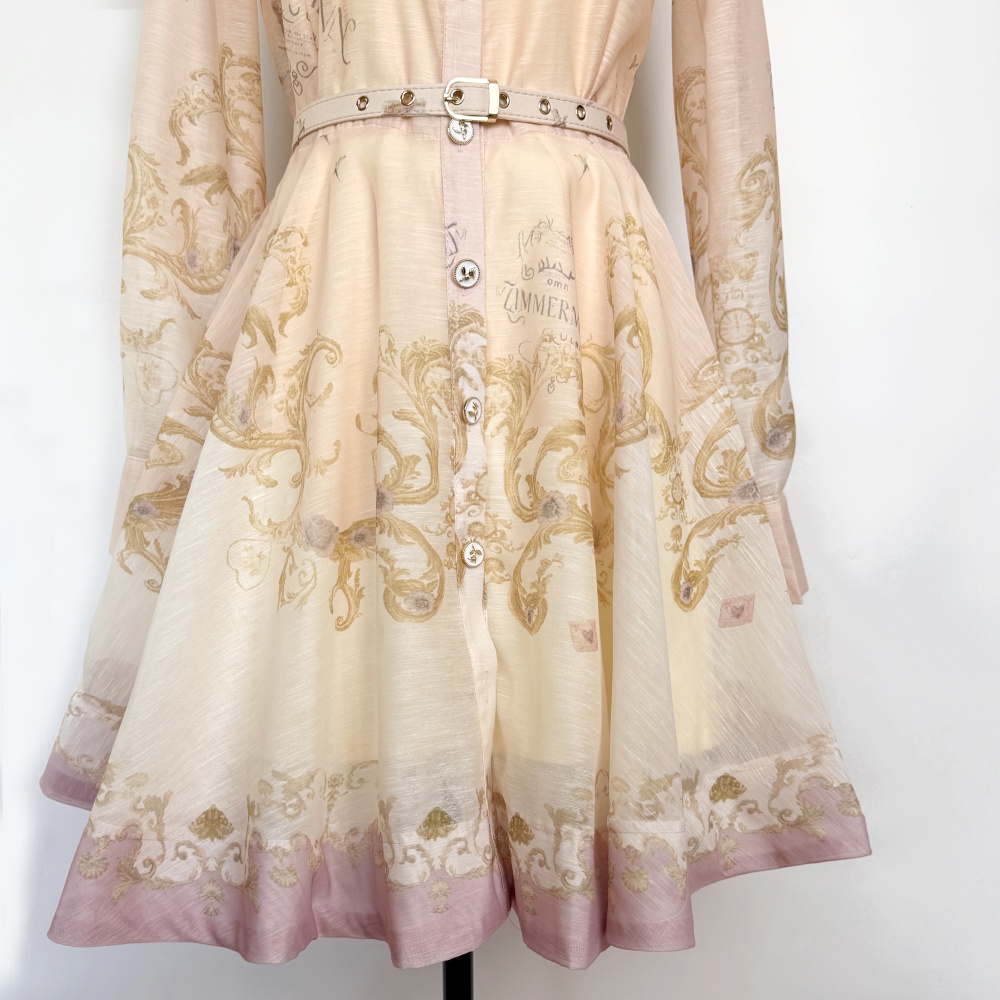 Spring printing retro dress lapel pinched waist shirt