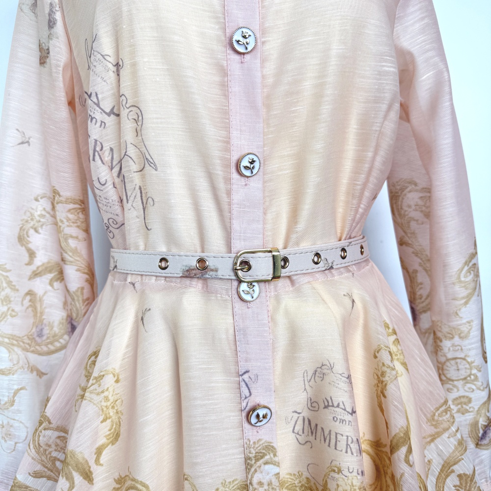 Spring printing retro dress lapel pinched waist shirt