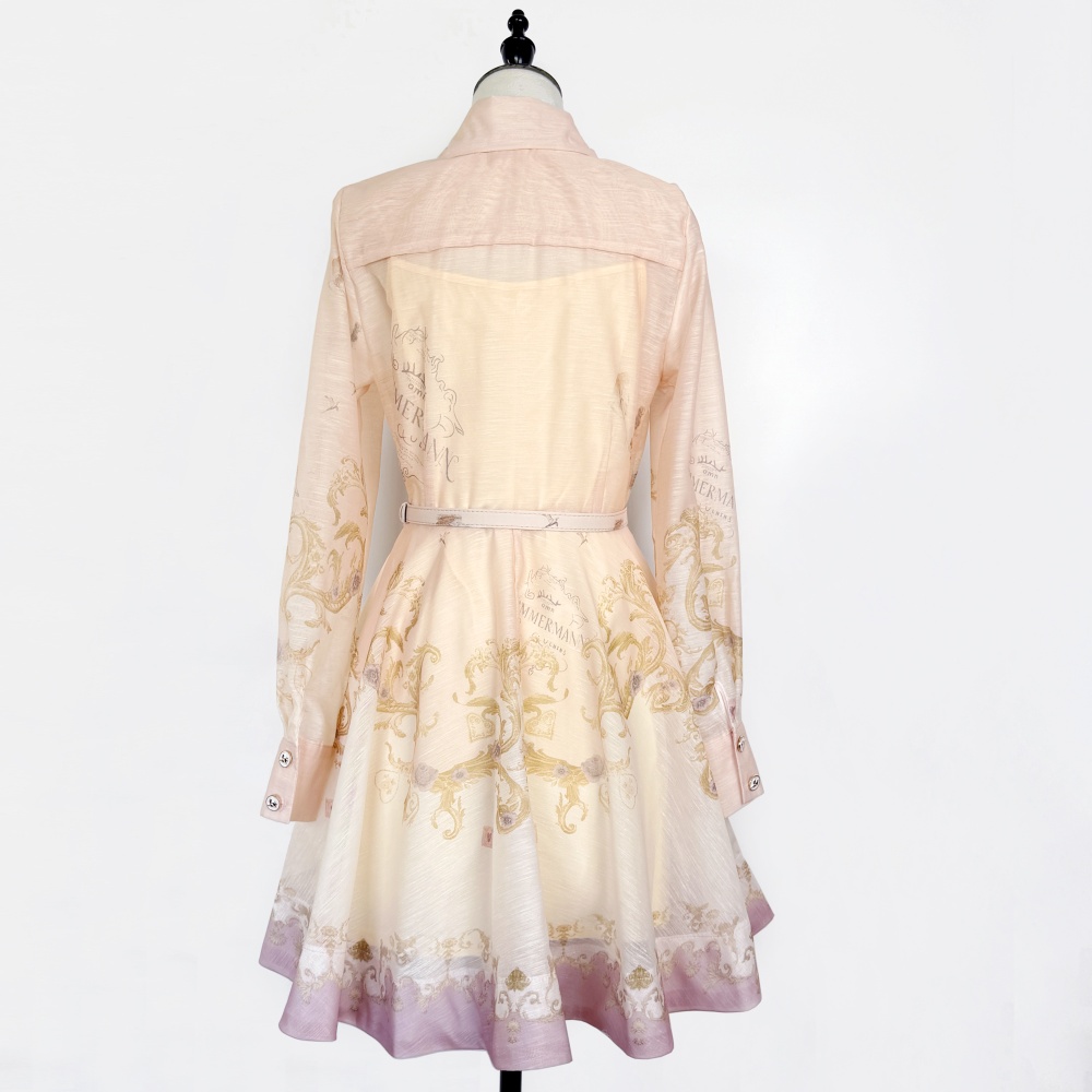 Spring printing retro dress lapel pinched waist shirt