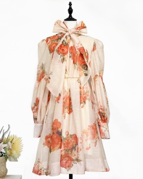 Loose printing dress puff sleeve France style T-back