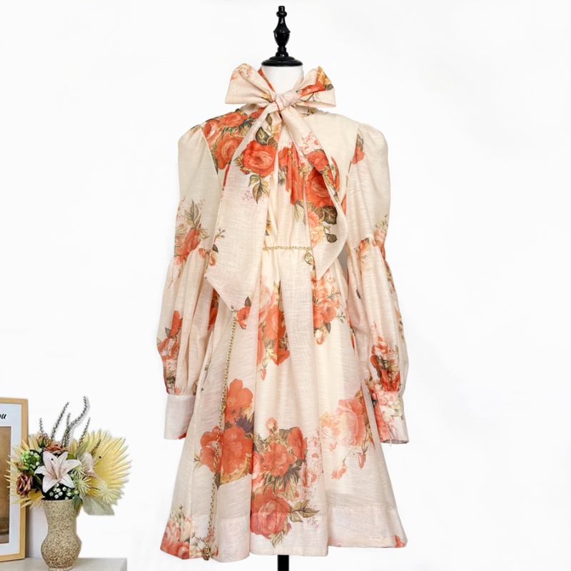 Loose printing dress puff sleeve France style T-back