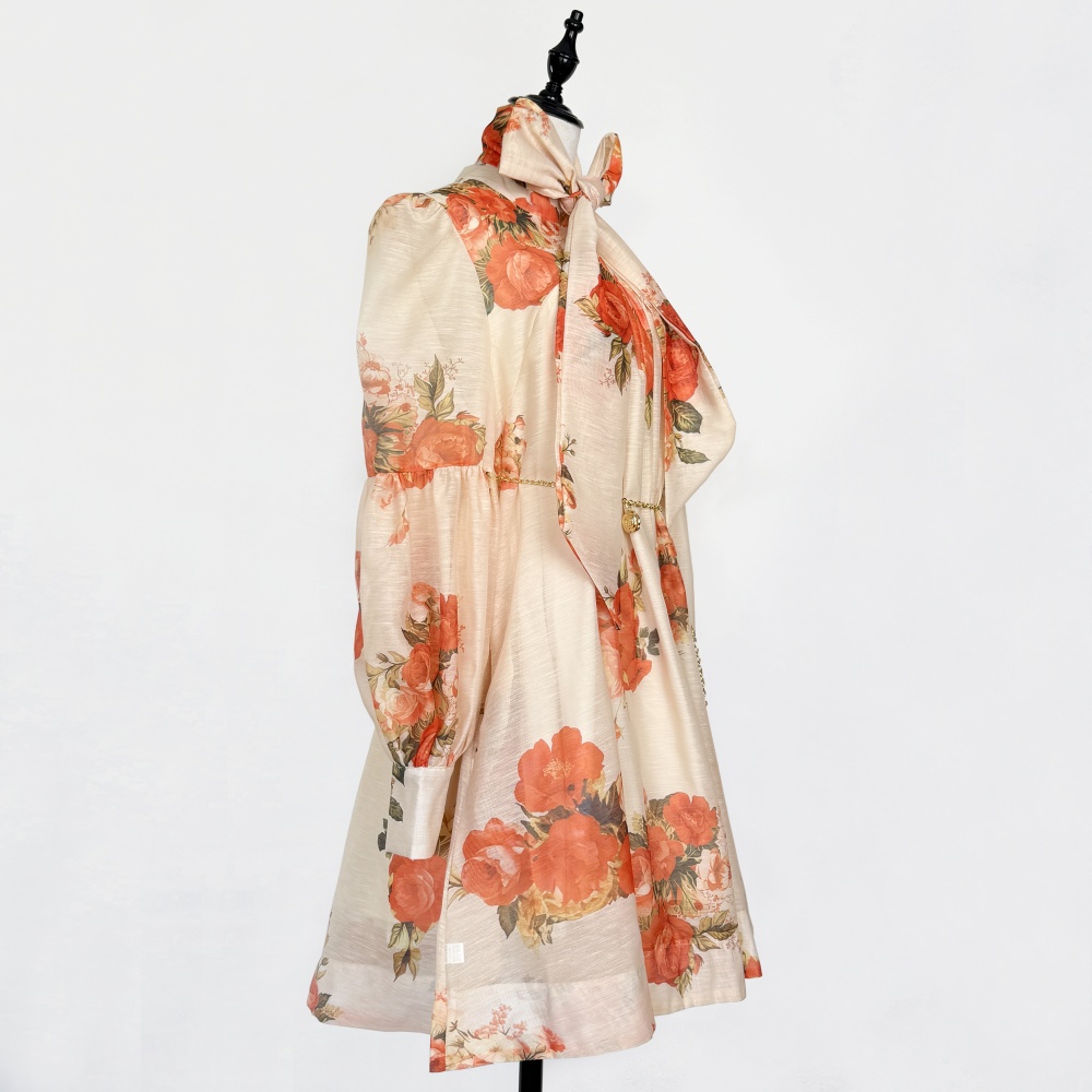 Loose printing dress puff sleeve France style T-back