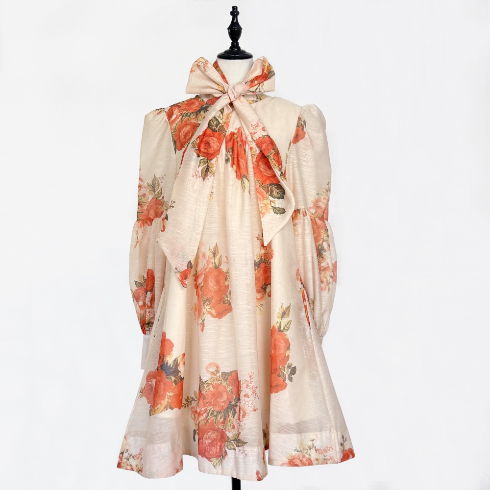 Loose printing dress puff sleeve France style T-back
