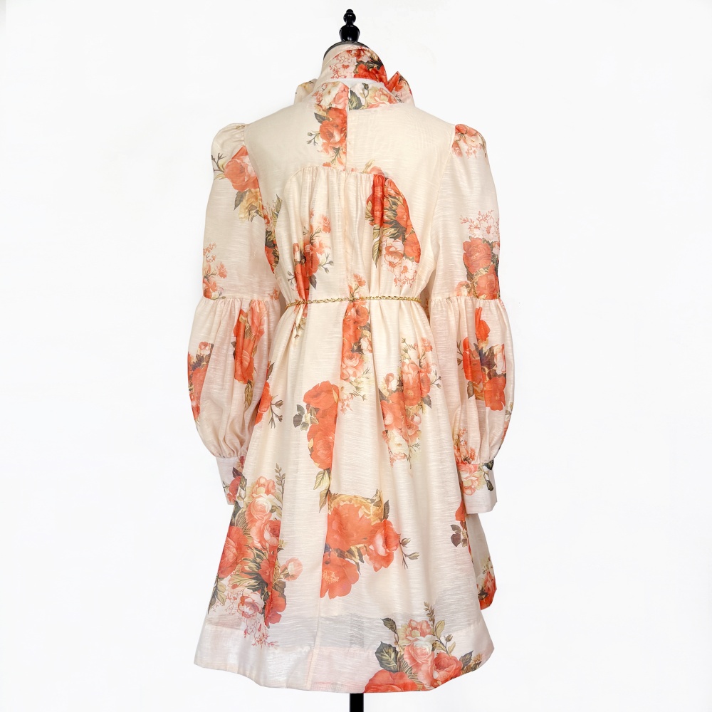 Loose printing dress puff sleeve France style T-back
