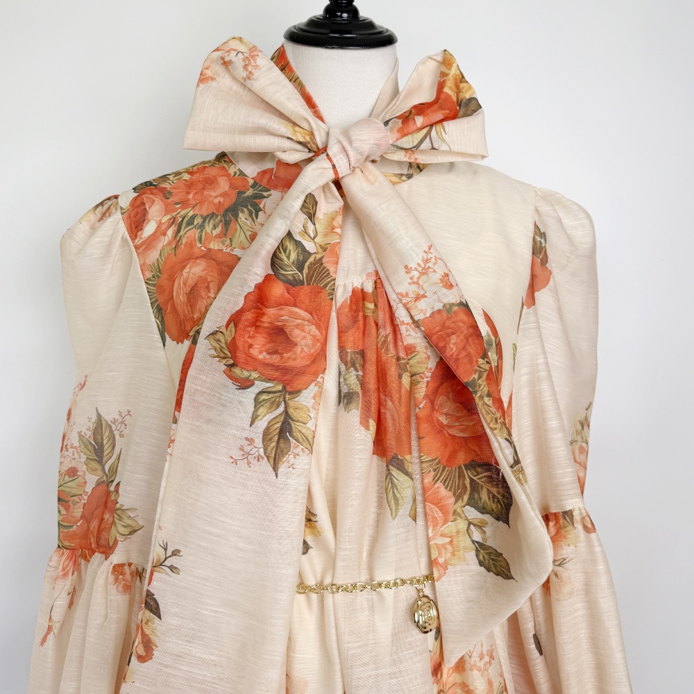 Loose printing dress puff sleeve France style T-back