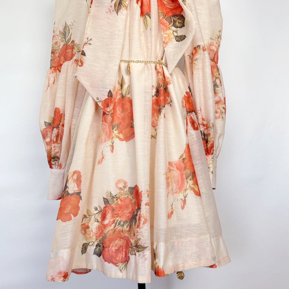 Loose printing dress puff sleeve France style T-back