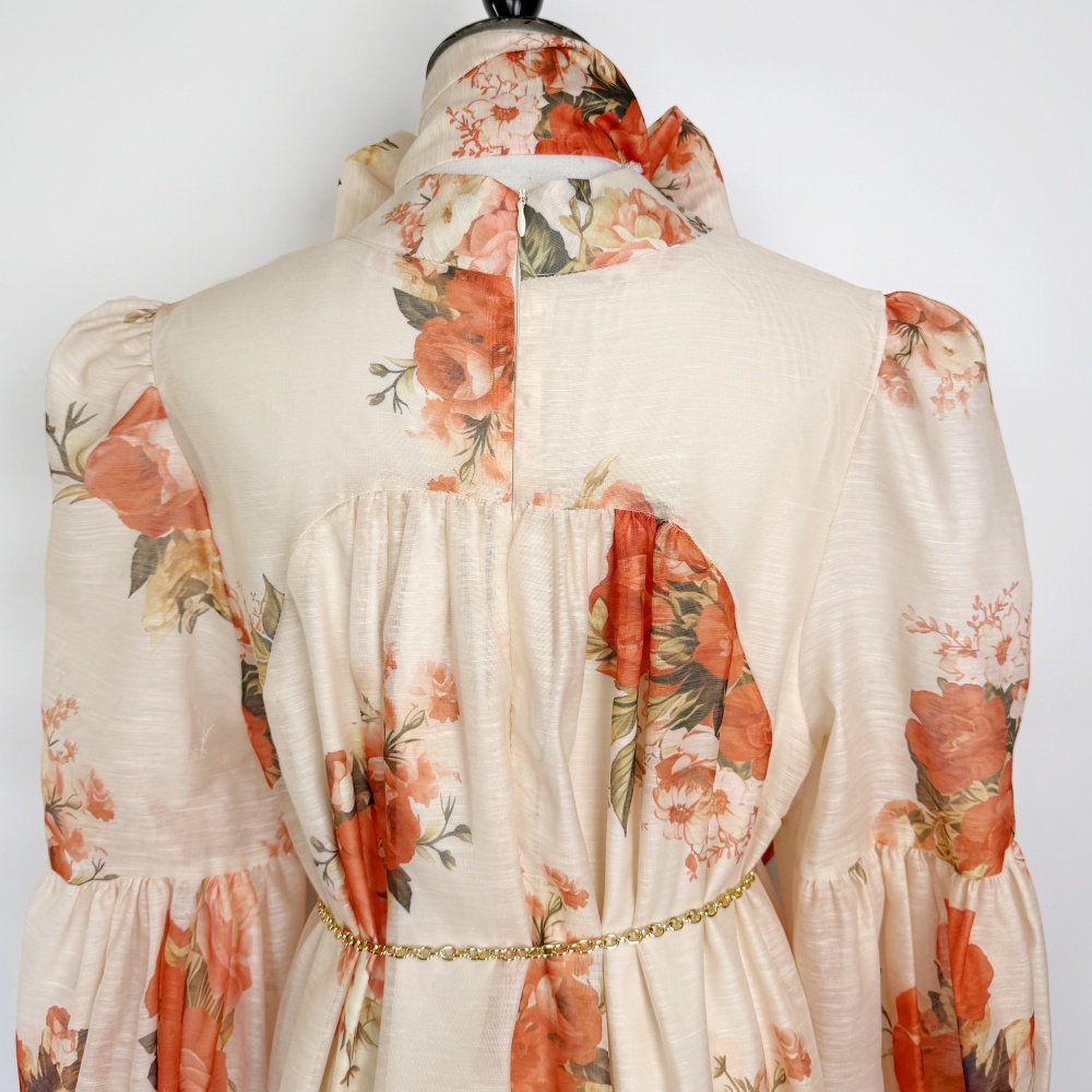 Loose printing dress puff sleeve France style T-back