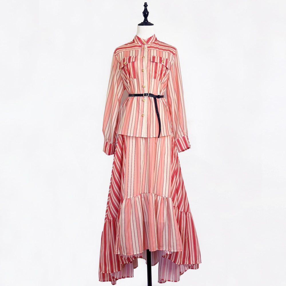 Bohemian style irregular skirt stripe red shirt a set
