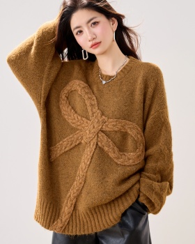 Bow autumn and winter loose long sleeve brown lazy thick sweater
