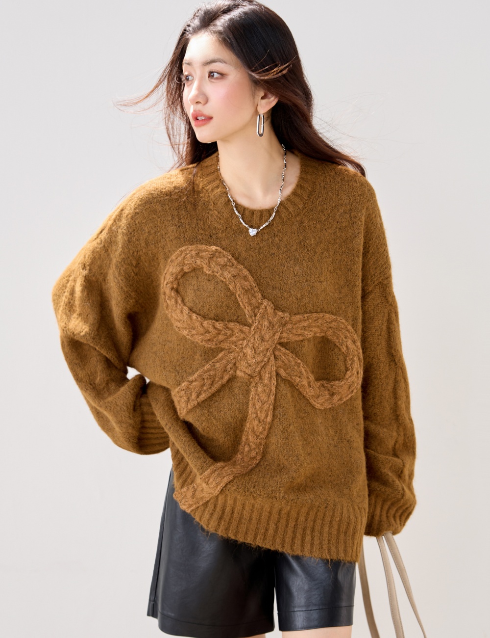 Bow autumn and winter loose long sleeve brown lazy thick sweater