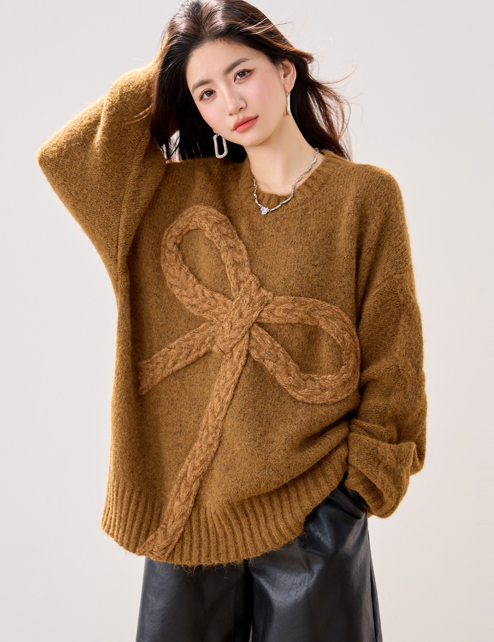 Bow autumn and winter loose long sleeve brown lazy thick sweater
