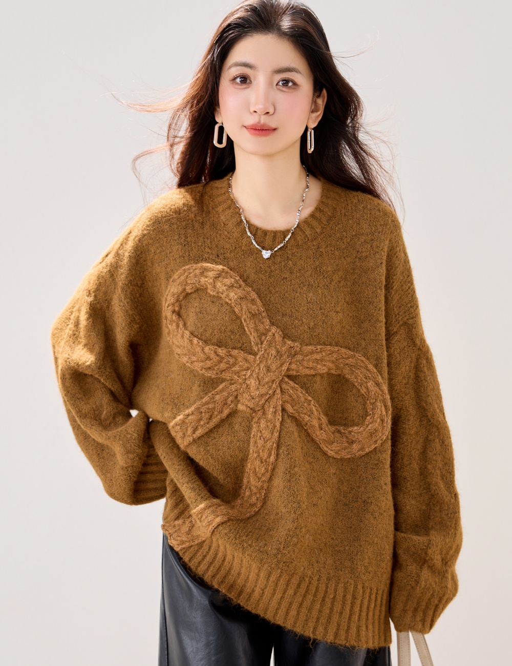 Bow autumn and winter loose long sleeve brown lazy thick sweater