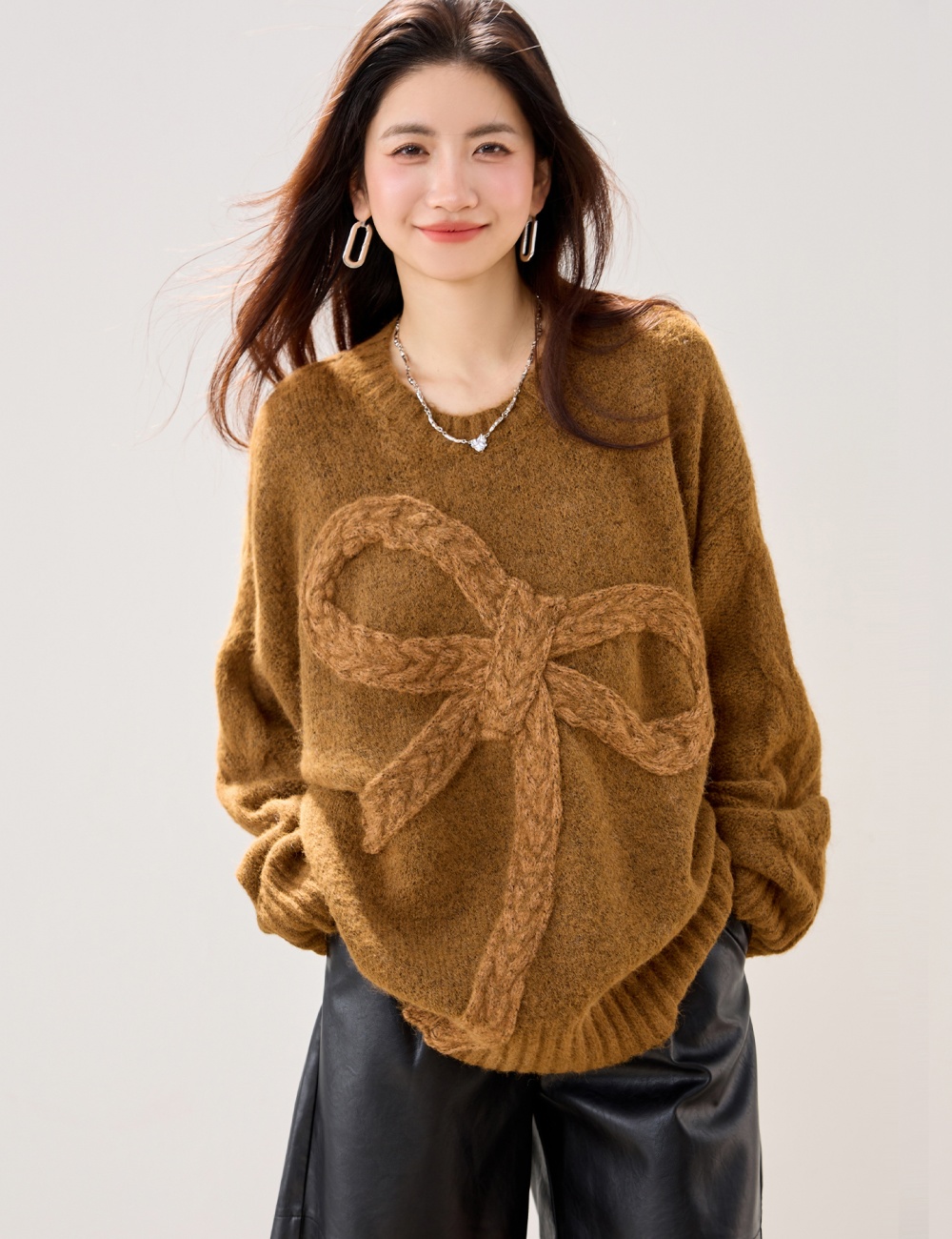 Bow autumn and winter loose long sleeve brown lazy thick sweater
