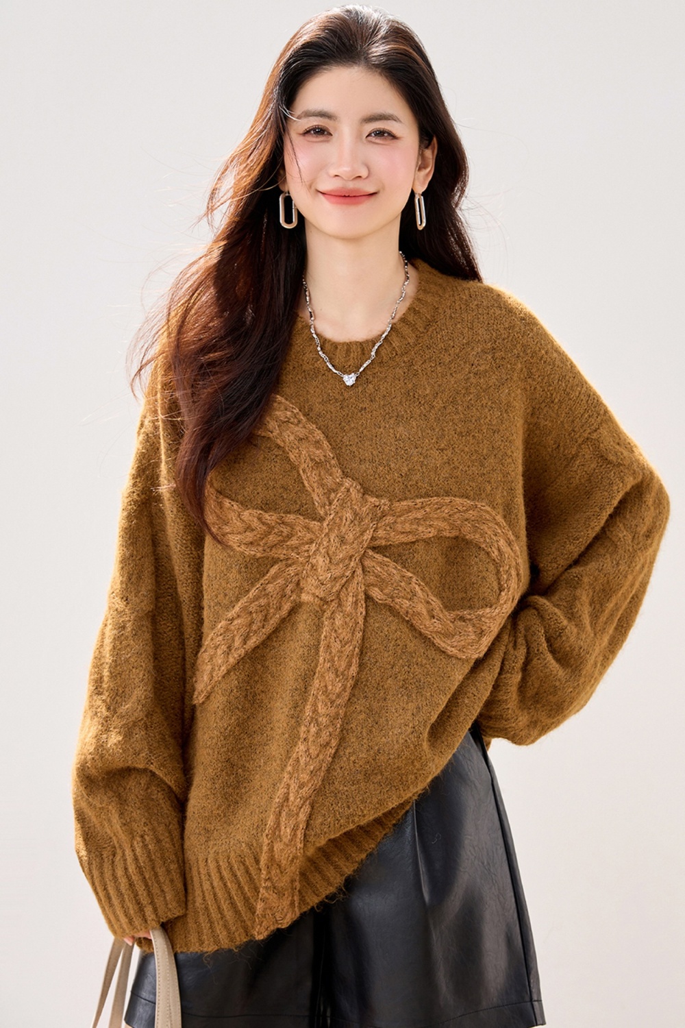 Bow autumn and winter loose long sleeve brown lazy thick sweater