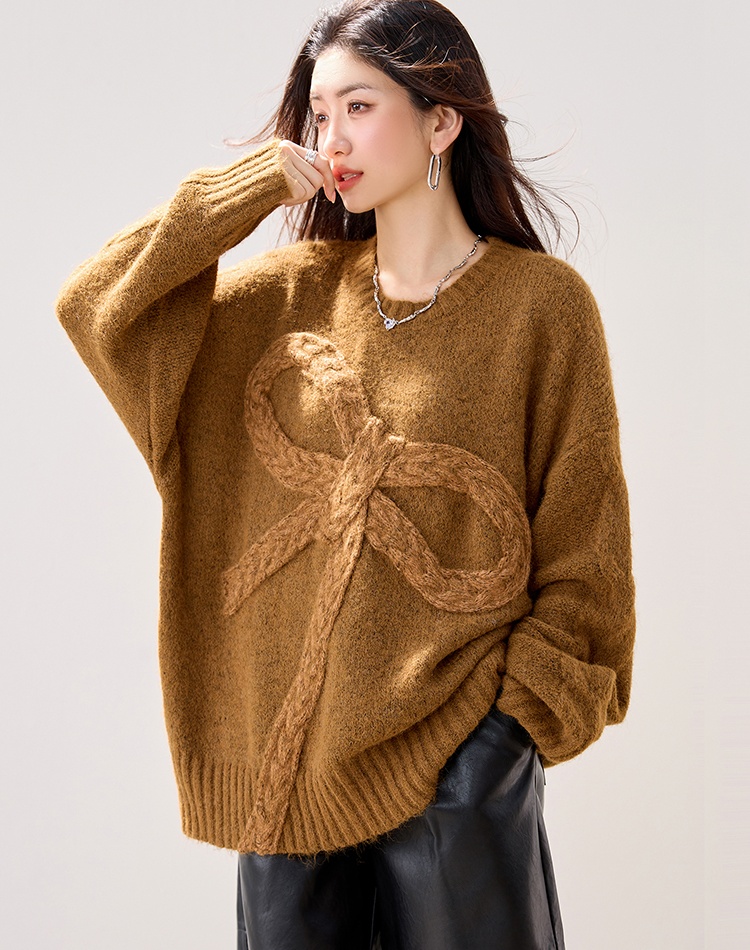 Bow autumn and winter loose long sleeve brown lazy thick sweater