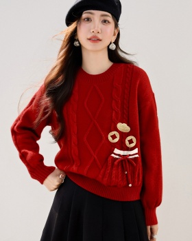 Embroidery red lazy spring and autumn sweater