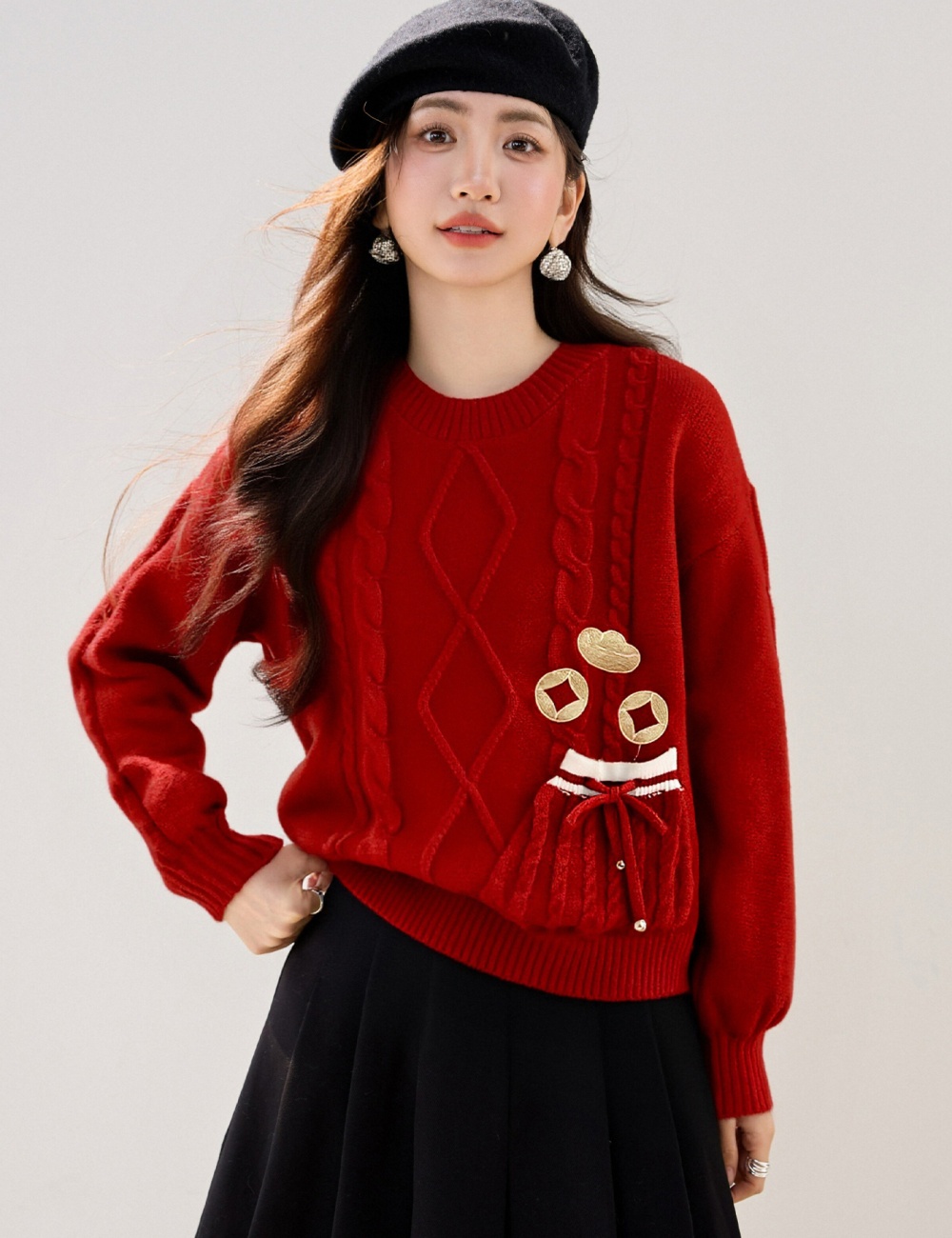 Embroidery red lazy spring and autumn sweater