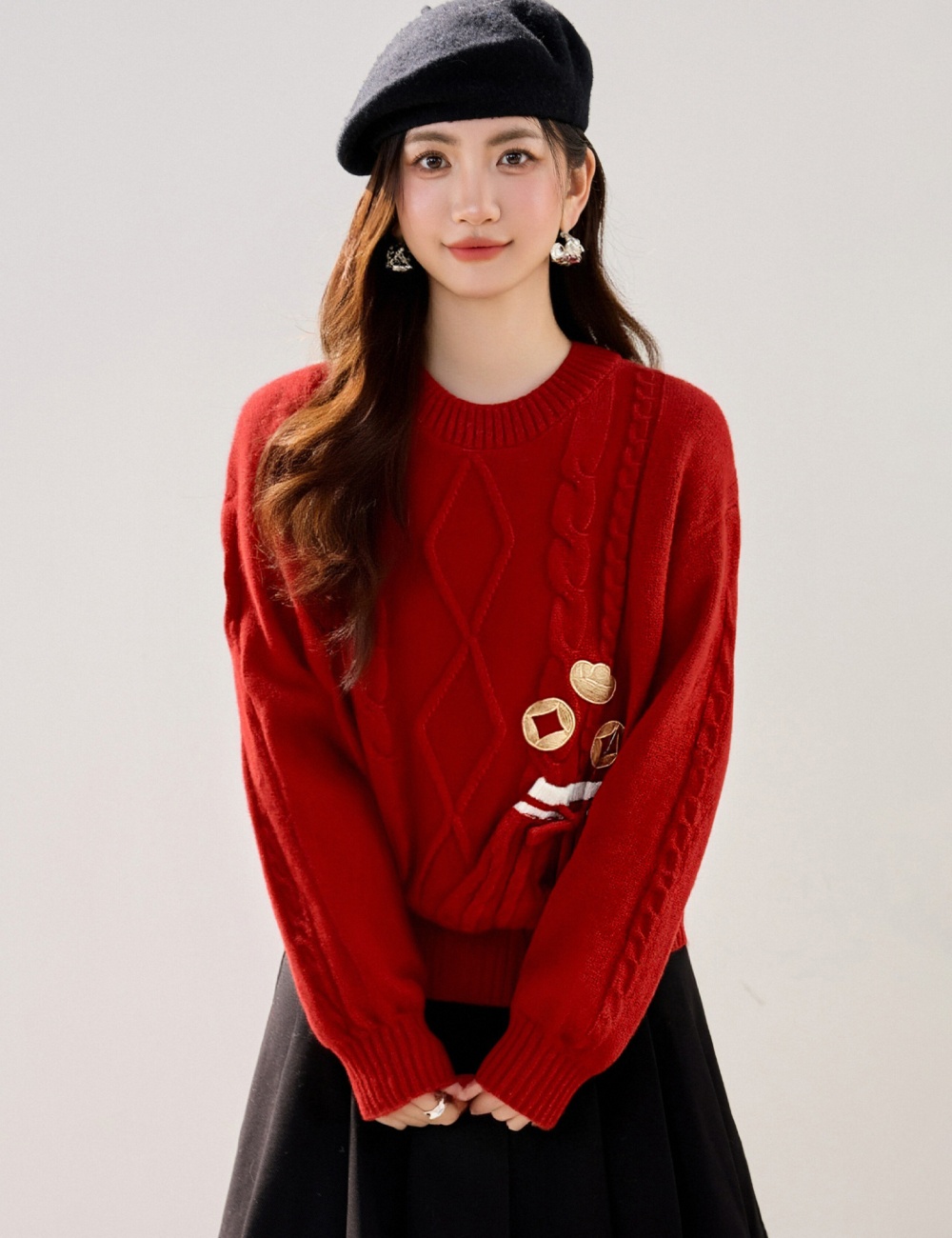 Embroidery red lazy spring and autumn sweater