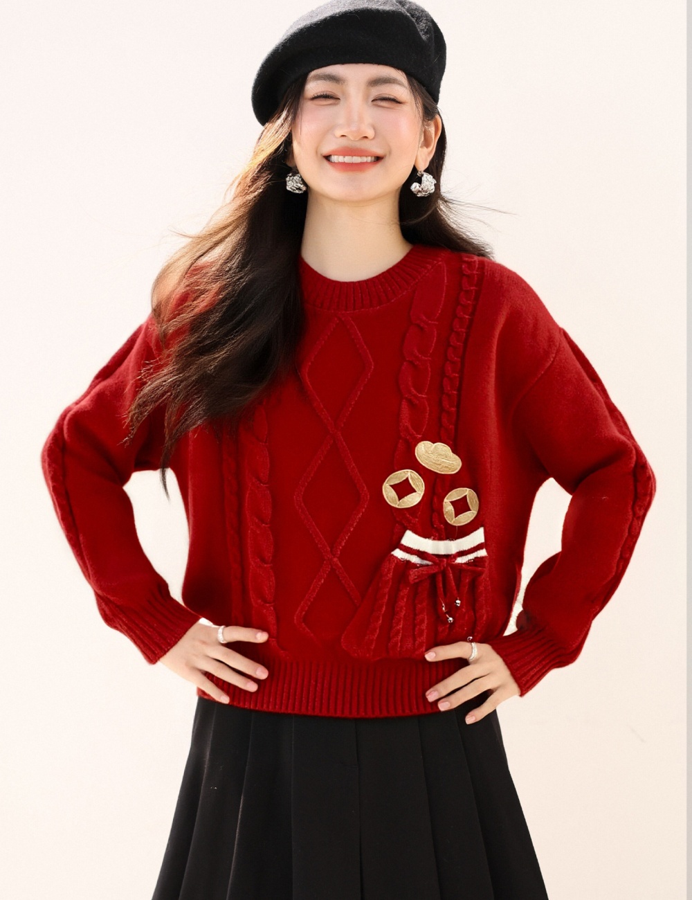 Embroidery red lazy spring and autumn sweater