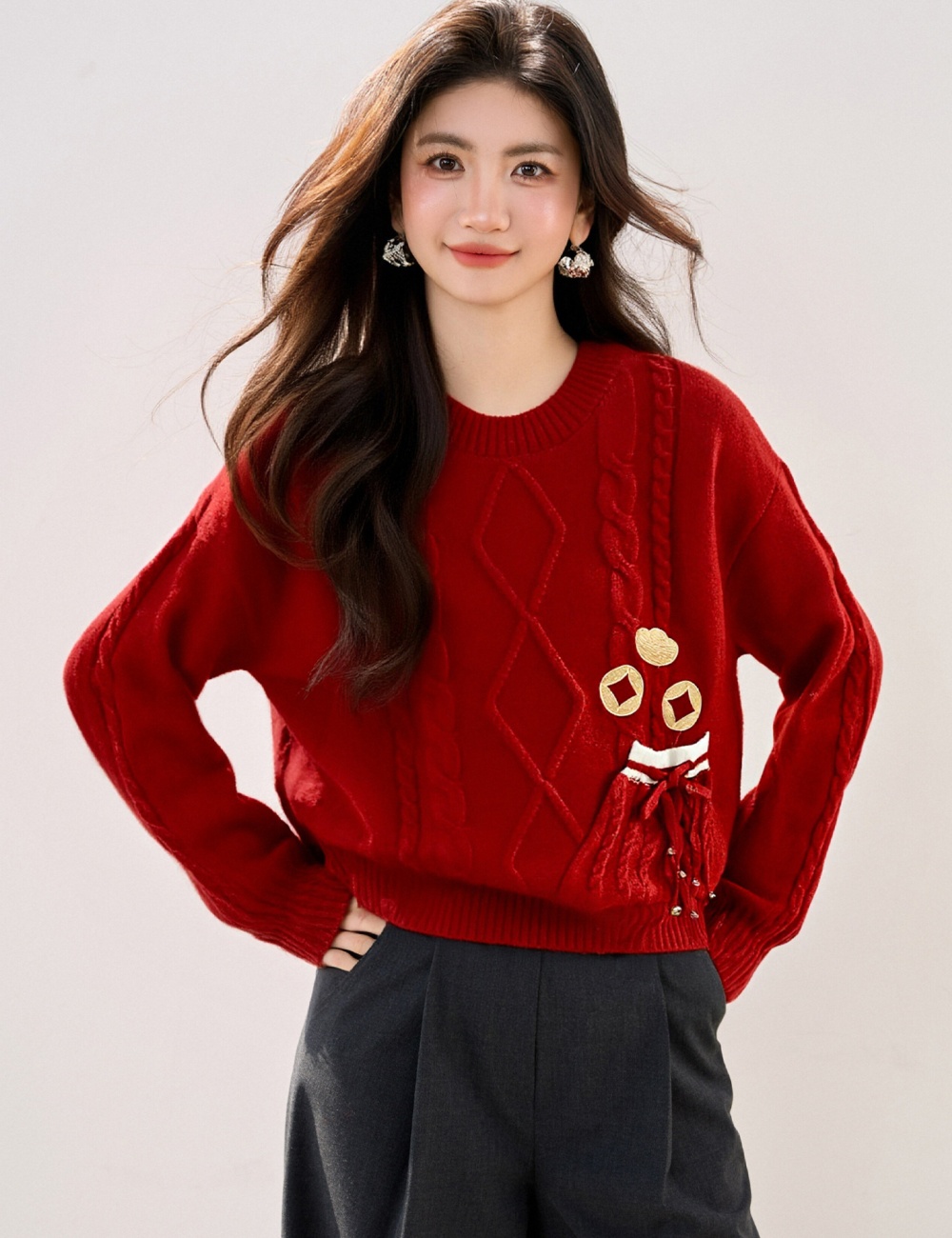 Embroidery red lazy spring and autumn sweater