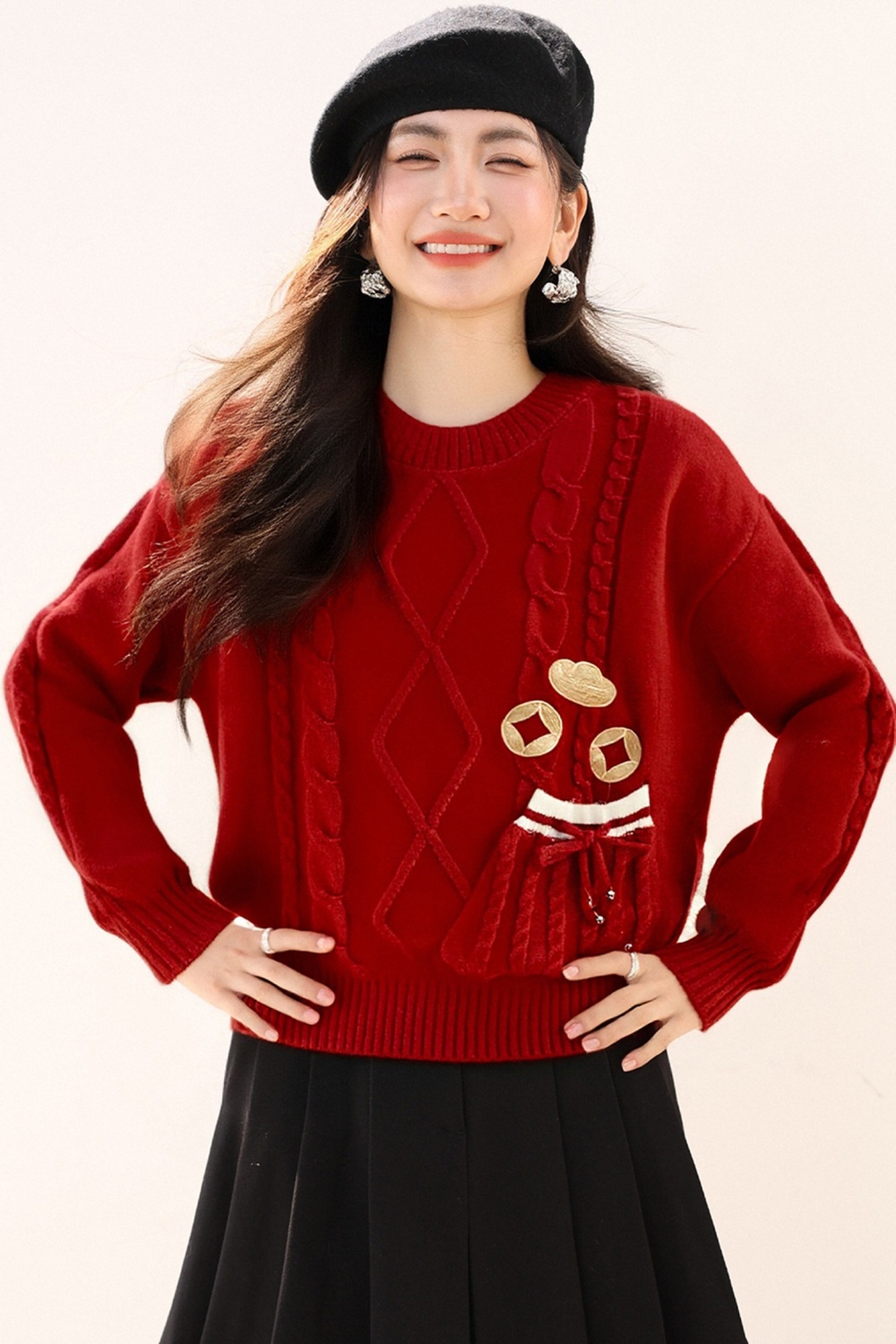 Embroidery red lazy spring and autumn sweater