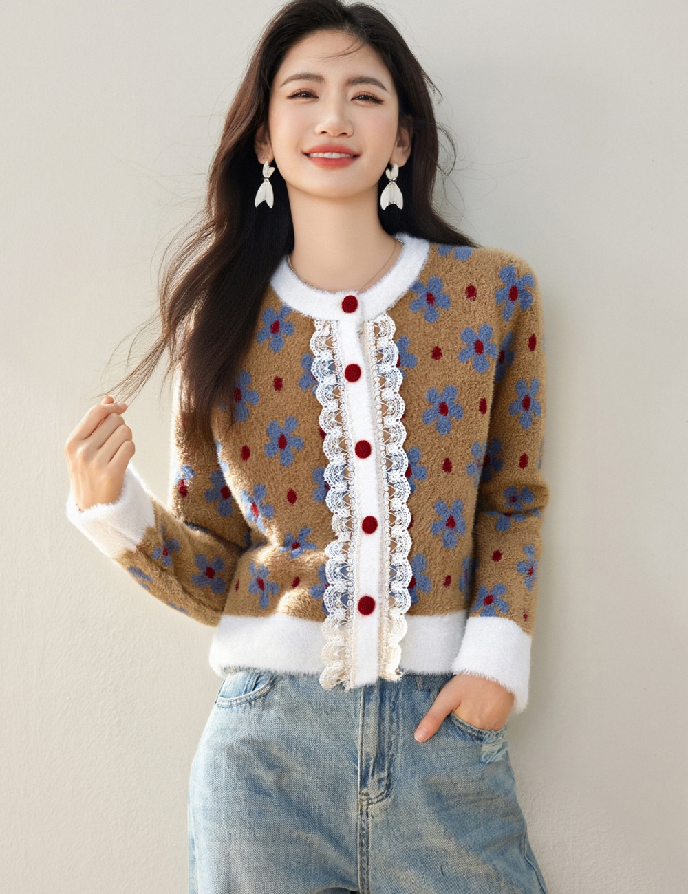 France style loose lace sweater niche splice coat