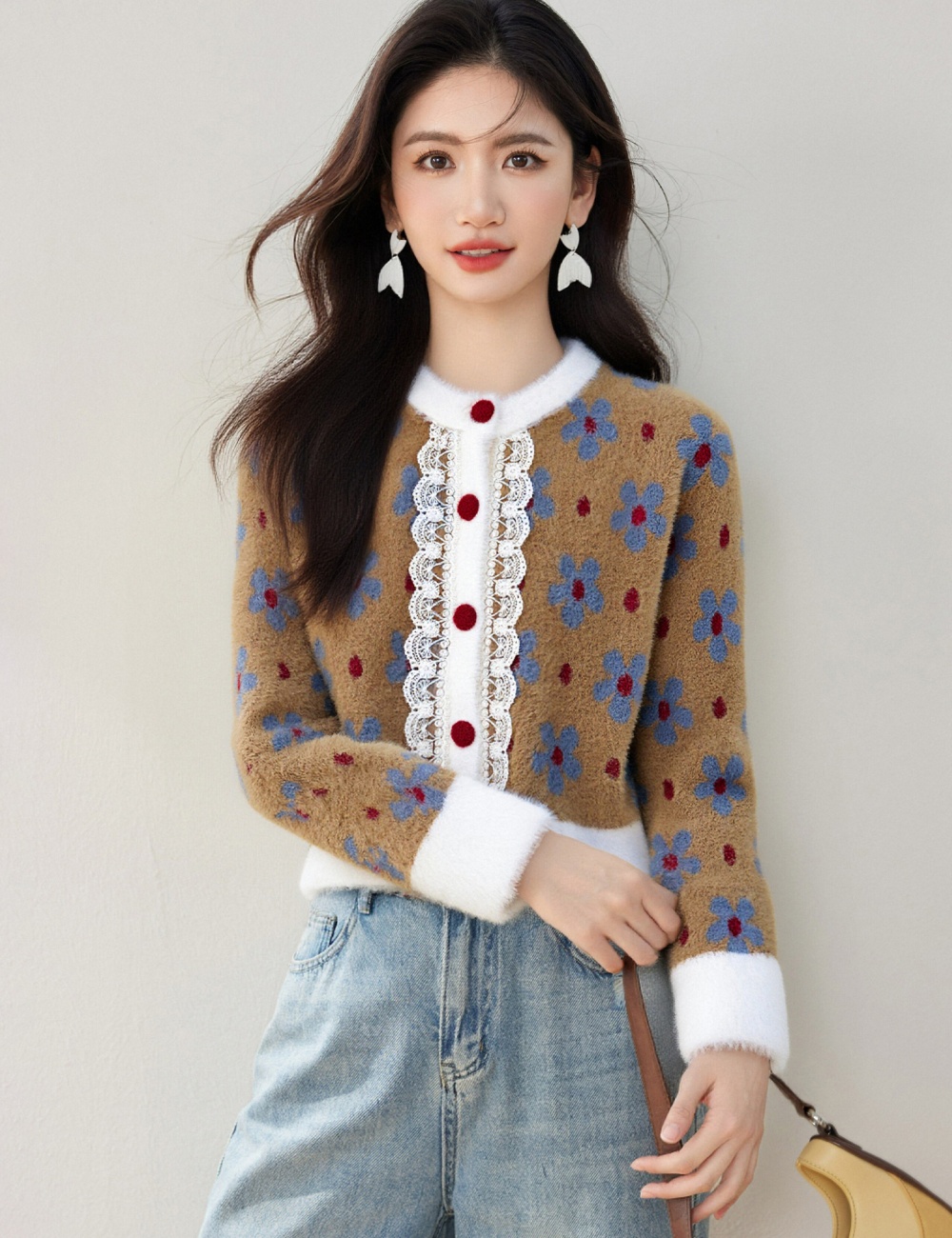 France style loose lace sweater niche splice coat